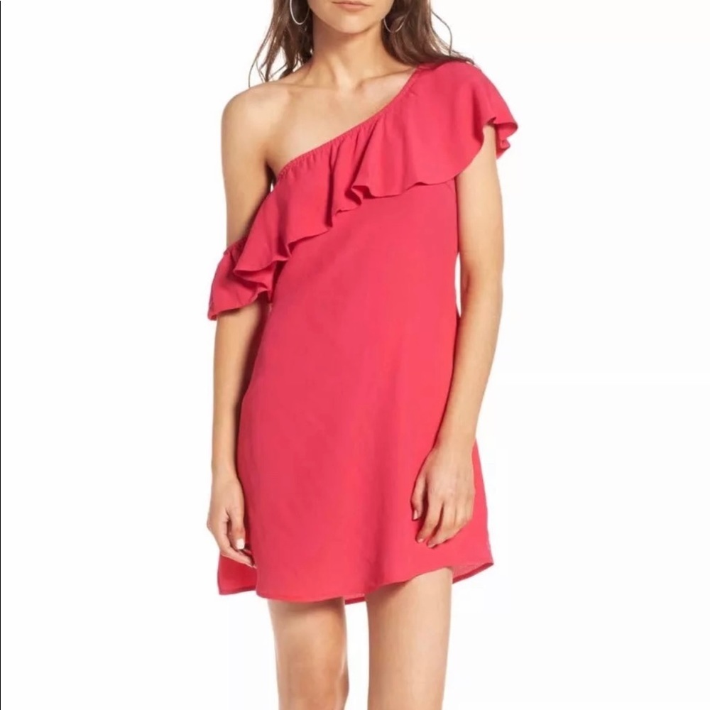 Astr Medium One-Shoulder Ruffle Mini Dress in Pink